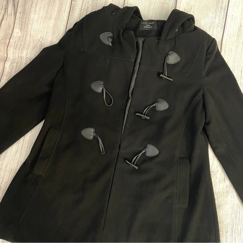 LOVE TREE Women’s Black Winter Wool Pea Coat With Hood & Toggles Size Large - Picture 2 of 9